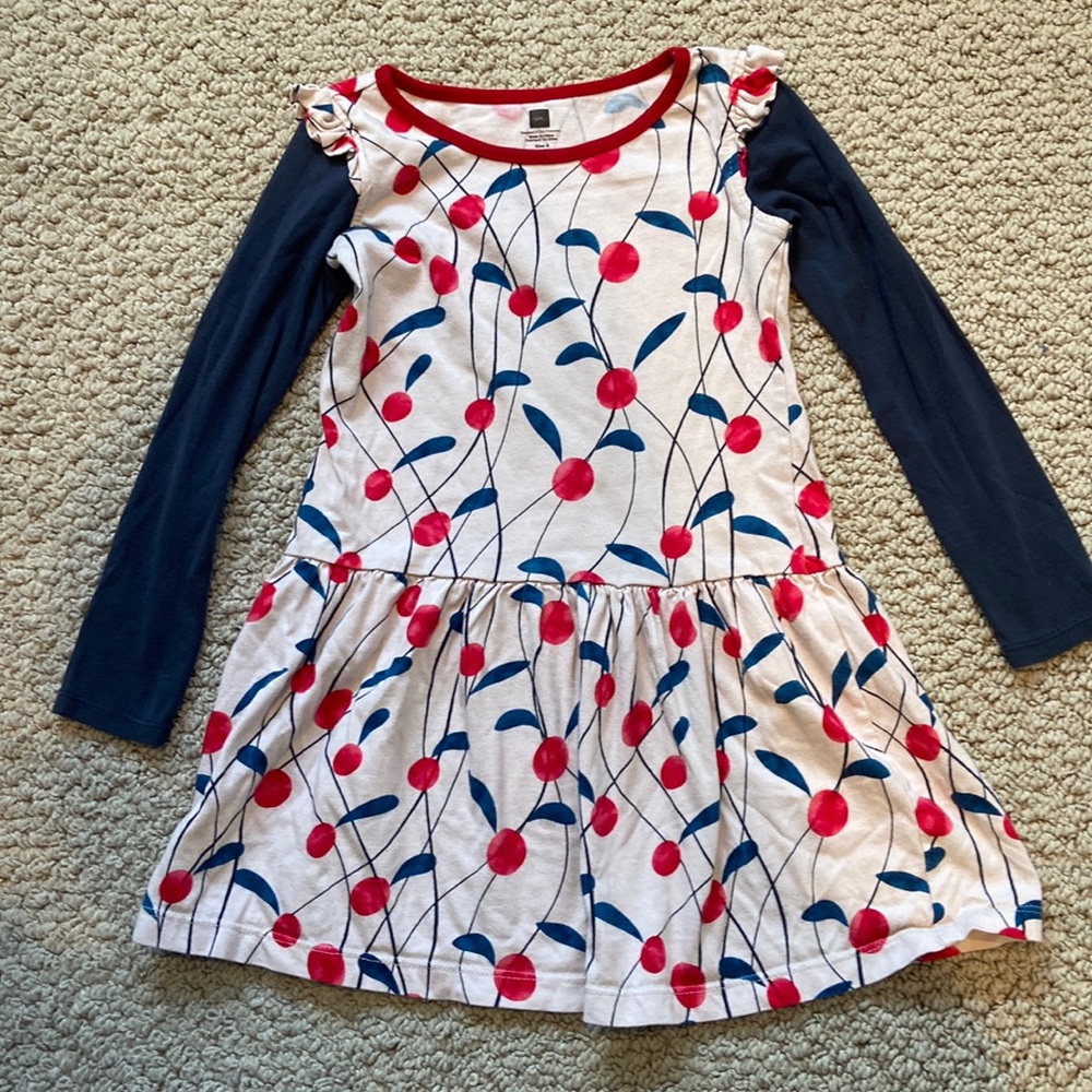 Tea Collection Cream/Grey Red Cherry Dress with Ruffle Sleeve Top & Flared Skirt